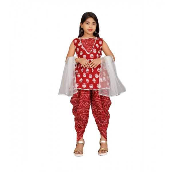 Dropship Girl's Cotton Rayon Printed Top And Dhoti With Dupatta Set (Maroon)