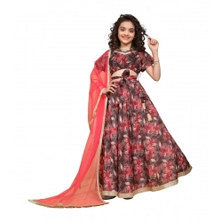 Girl's Chiffon Printed Lehenga Choli Set (Maroon)