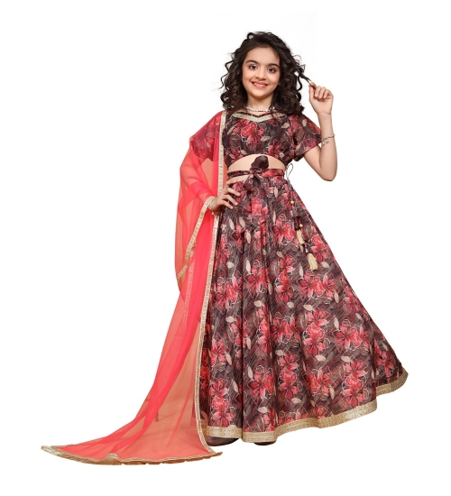 Girl's Chiffon Printed Lehenga Choli Set (Maroon)