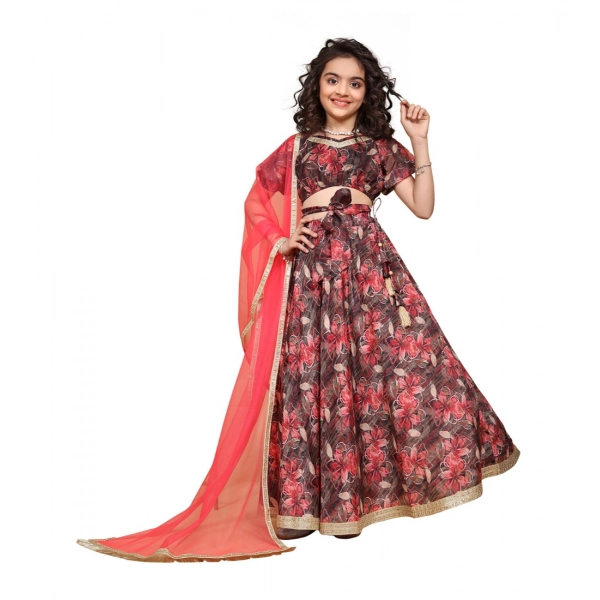 Dropship Girl's Chiffon Printed Lehenga Choli Set (Maroon)