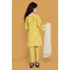 Dropship Girl's Silk Blend Floral Prinded Shiffli Lace Salwar Kameez Dupatta Set (Yellow)