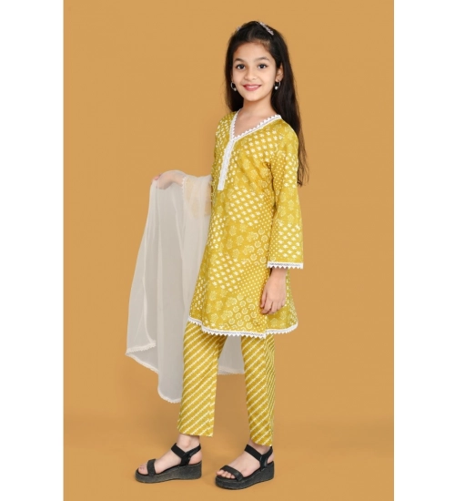 Girl's Silk Blend Floral Prinded Shiffli Lace Salwar Kameez Dupatta Set (Yellow)