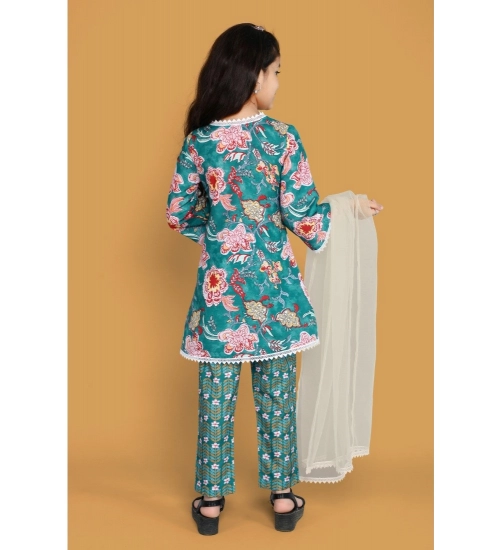 Girl's Silk Blend Floral Prinded Shiffli Lace Salwar Kameez Dupatta Set (Teal)
