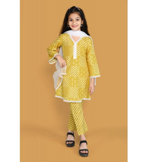 Girl's Silk Blend Floral Prinded Shiffli Lace Salwar Kameez Dupatta Set (Yellow)