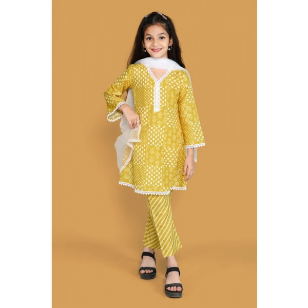 Dropship Girl's Silk Blend Floral Prinded Shiffli Lace Salwar Kameez Dupatta Set (Yellow)