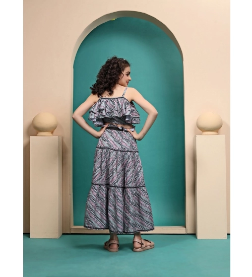 Girl's Maslin Printed Crop Top And Fleared Skirt Set (Grey)