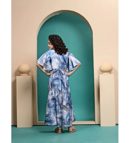 Girl's Maslin Printed Maxi Length Dress (Sky Blue)
