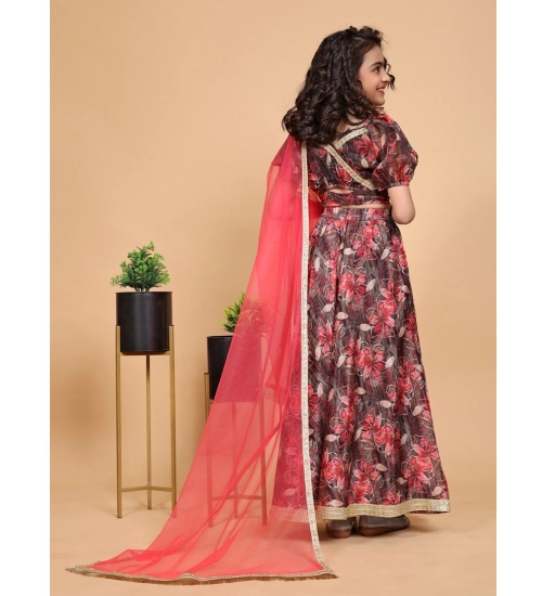 Girl's Chiffon Printed Lehenga Choli Set (Maroon)