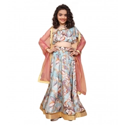 Girl's Chiffon Printed Lehenga Choli Set (Blue)