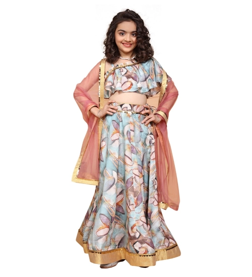 Girl's Chiffon Printed Lehenga Choli Set (Blue)