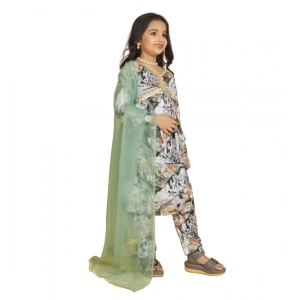 Generic Girl's Maslin Embrodrery Lace Aliya Cut Top With Bottom Dupatta Set (Green)