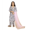 Dropship Girl's Maslin Embrodrery Lace Aliya Cut Top With Bottom Dupatta Set (Grey)