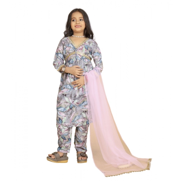Dropship Girl's Maslin Embrodrery Lace Aliya Cut Top With Bottom Dupatta Set (Grey)