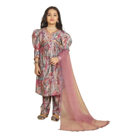 Girl's Maslin Embrodrery Lace Aliya Cut Top With Bottom Dupatta Set (Multicolor)