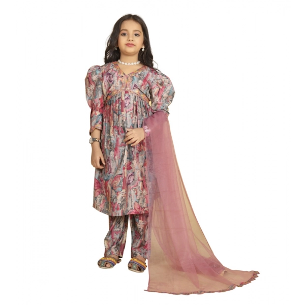 Dropship Girl's Maslin Embrodrery Lace Aliya Cut Top With Bottom Dupatta Set (Multicolor)