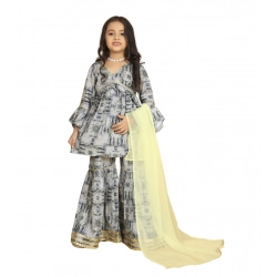 Girl's Maslin Embrodrery Lace Aliya Cut Top With Sharara Dupatta Set (Grey)