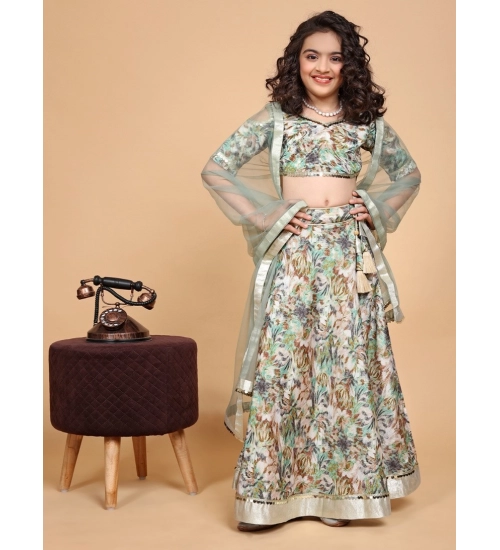 Girl's Chiffon Printed Lehenga Choli Set (Green)