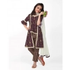 Dropship Girl's Cotton Embrodrery Lace Shrug Kurti With Bottom Dupatta Set (Maroon)
