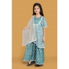 Dropship Girl's Silk Blend Floral Prinded Shiffli Lace Top Sharara Dupatta Set (Teal)