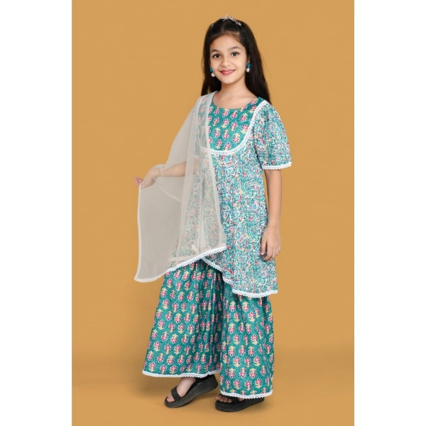 Dropship Girl's Silk Blend Floral Prinded Shiffli Lace Top Sharara Dupatta Set (Teal)