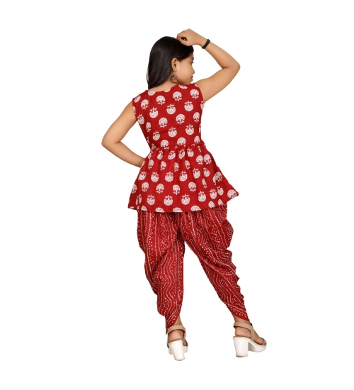 Girl's Cotton Rayon Printed Top And Dhoti With Dupatta Set (Maroon)