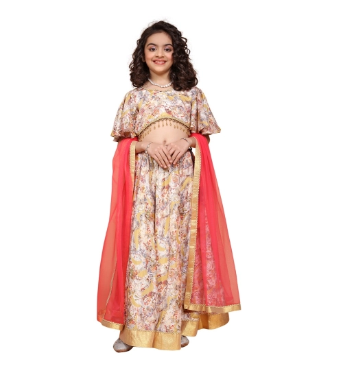 Girl's Chiffon Printed Lehenga Choli Set (Beige)
