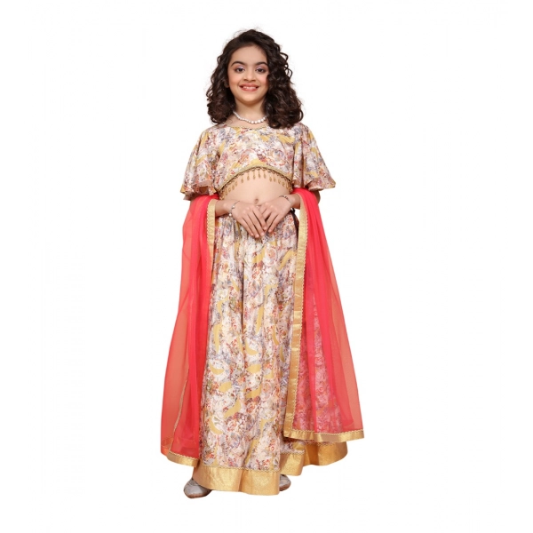 Dropship Girl's Chiffon Printed Lehenga Choli Set (Beige)