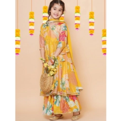 Girl's Rayon Printed Codding Lace Anarkali-Style Suit (Yellow)