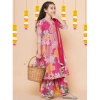 Dropship Girl's Rayon Printed Codding Lace Anarkali-Style Suit (Pink)