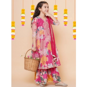 Generic Girl's Rayon Printed Codding Lace Anarkali-Style Suit (Pink)