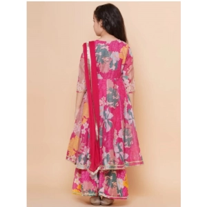 Generic Girl's Rayon Printed Codding Lace Anarkali-Style Suit (Pink)