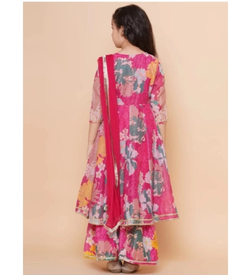Girl's Rayon Printed Codding Lace Anarkali-Style Suit (Pink)