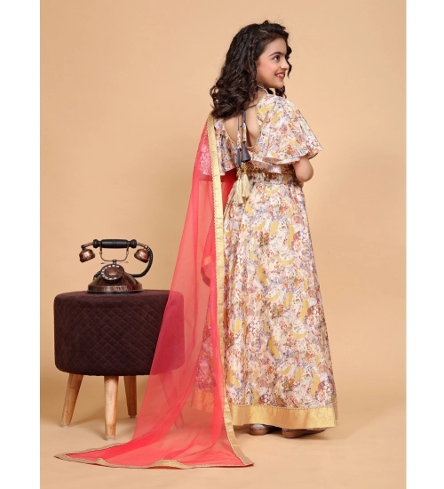 Girl's Chiffon Printed Lehenga Choli Set (Beige)