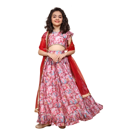 Girl's Chiffon Printed Lehenga Choli Set (Pink)