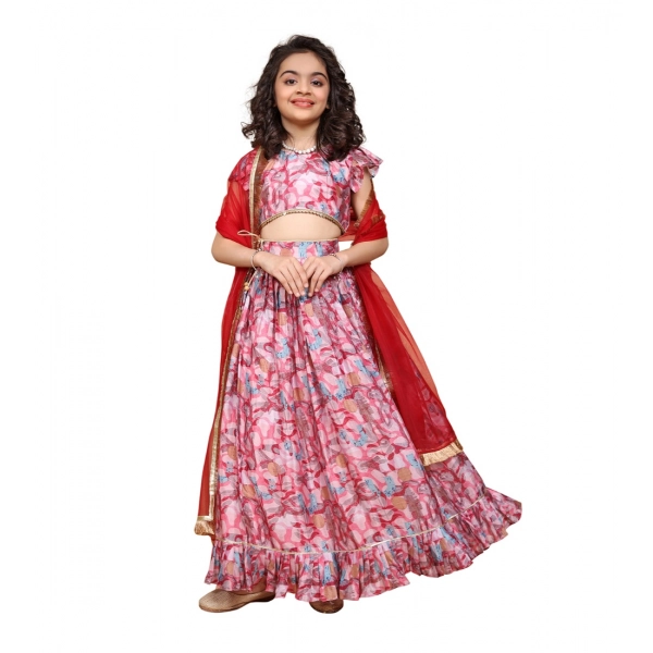 Dropship Girl's Chiffon Printed Lehenga Choli Set (Pink)