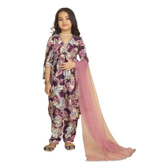 Girl's Maslin Embrodrery Lace Aliya Cut Top With Bottom Dupatta Set (Purple)