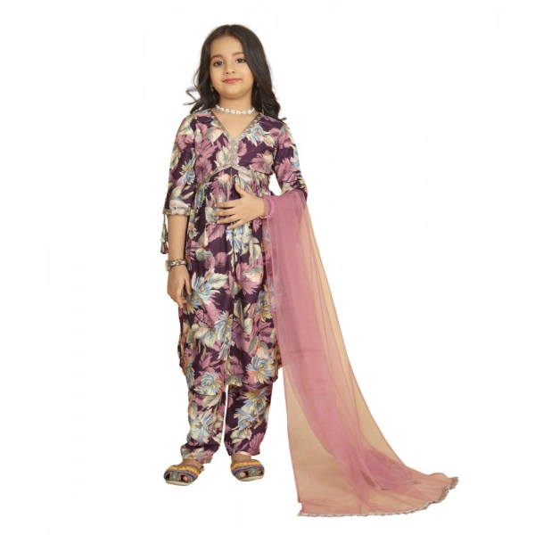 Dropship Girl's Maslin Embrodrery Lace Aliya Cut Top With Bottom Dupatta Set (Purple)