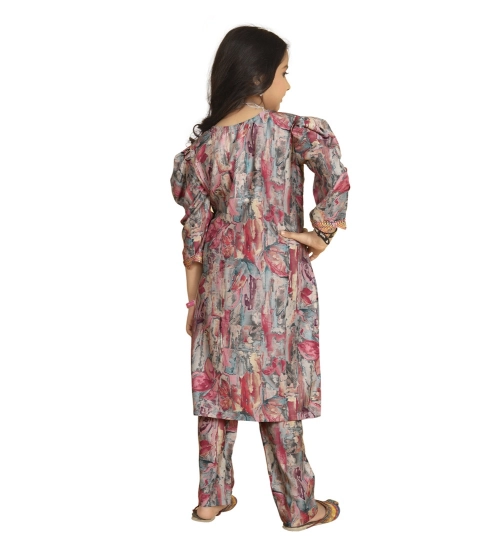 Girl's Maslin Embrodrery Lace Aliya Cut Top With Bottom Dupatta Set (Multicolor)