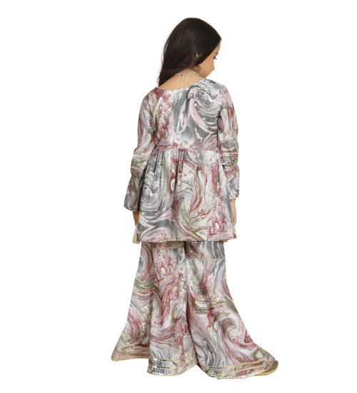 Girl's Maslin Embrodrery Lace Aliya Cut Top With Sharara Dupatta Set (Pink)