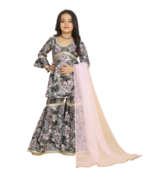 Girl's Maslin Embrodrery Lace Aliya Cut Top With Sharara Dupatta Set (Grey Pink)