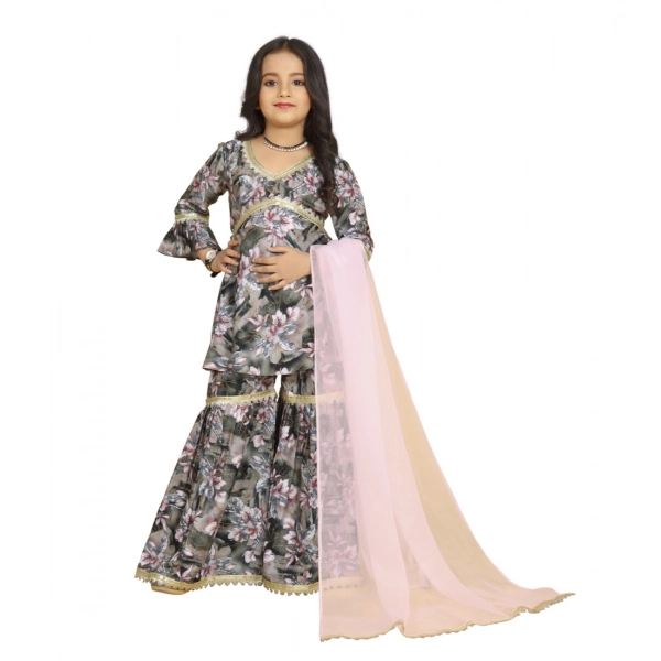Dropship Girl's Maslin Embrodrery Lace Aliya Cut Top With Sharara Dupatta Set (Grey Pink)
