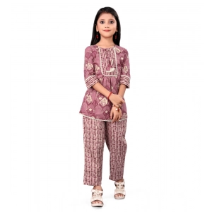 Generic Girl's Cotton Printed Top With Bottom Set (Purple)