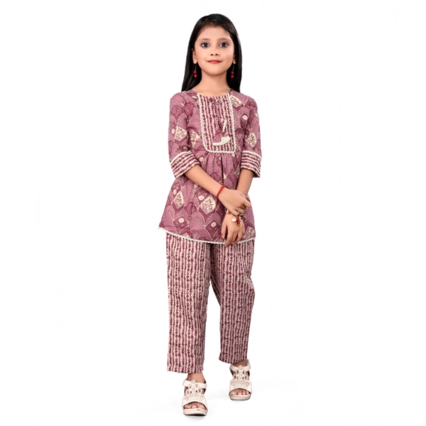 Dropship Girl's Cotton Printed Top With Bottom Set (Purple)