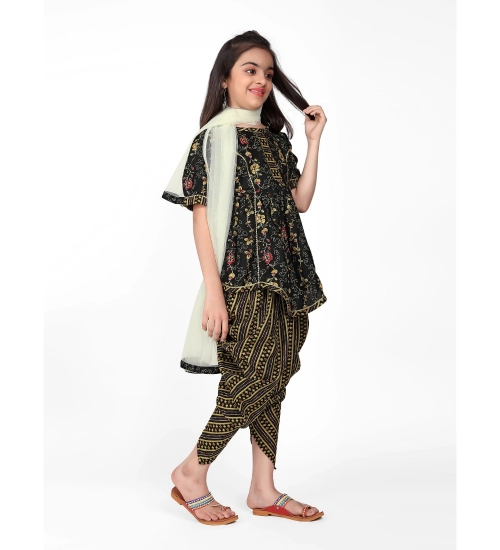 Girl's Cotton Printed Kurtis With Dhoti Dupatta Set (Black)