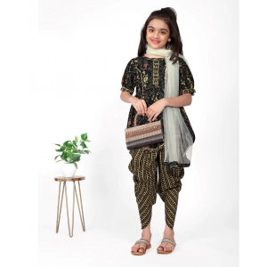 Generic Girl's Cotton Printed Kurtis With Dhoti Dupatta Set (Black)