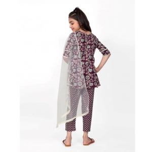 Generic Girl's Cotton Printed Kurti With Bottom Dupatta Set (Brown)