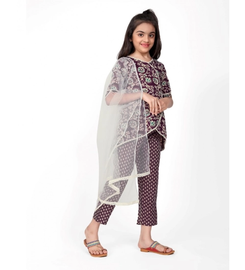 Girl's Cotton Printed Kurti With Bottom Dupatta Set (Brown)