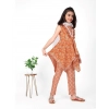 Dropship Girl's Cotton Printed Kurti With Bottom Dupatta Set (Orange)