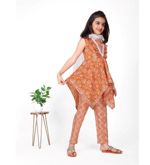 Girl's Cotton Printed Kurti With Bottom Dupatta Set (Orange)