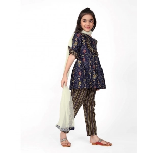 Generic Girl's Cotton Printed Kurti With Bottom Dupatta Set (Dark Blue)